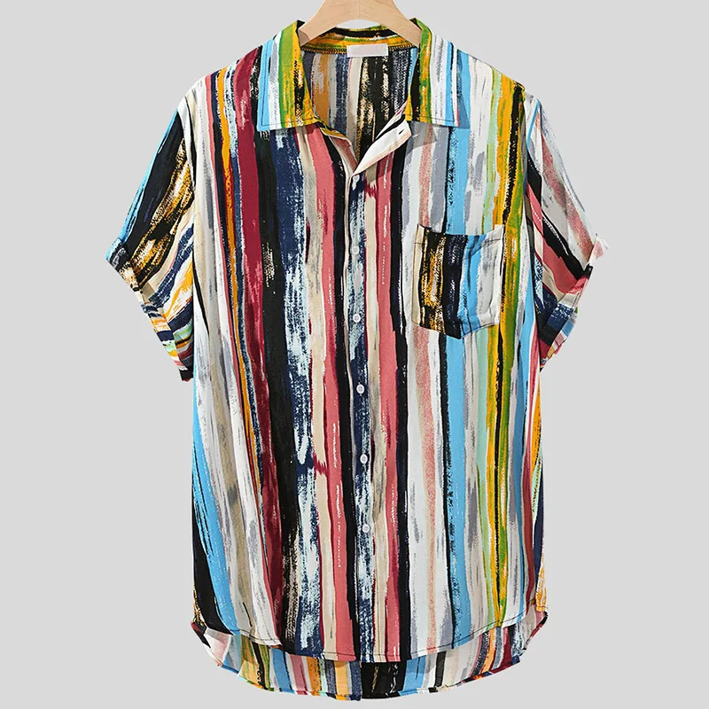 

2021 Colorful Geometric Stripes Print Men's Fashion Hawaiian Shirts Loose Casual Short Sleeve Beach Shirt Mens Summer Clothing