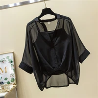 thin chiffon bat shirt camisole two piece female plus size 2021 summer korean fashion loose v neck blouse with sling set