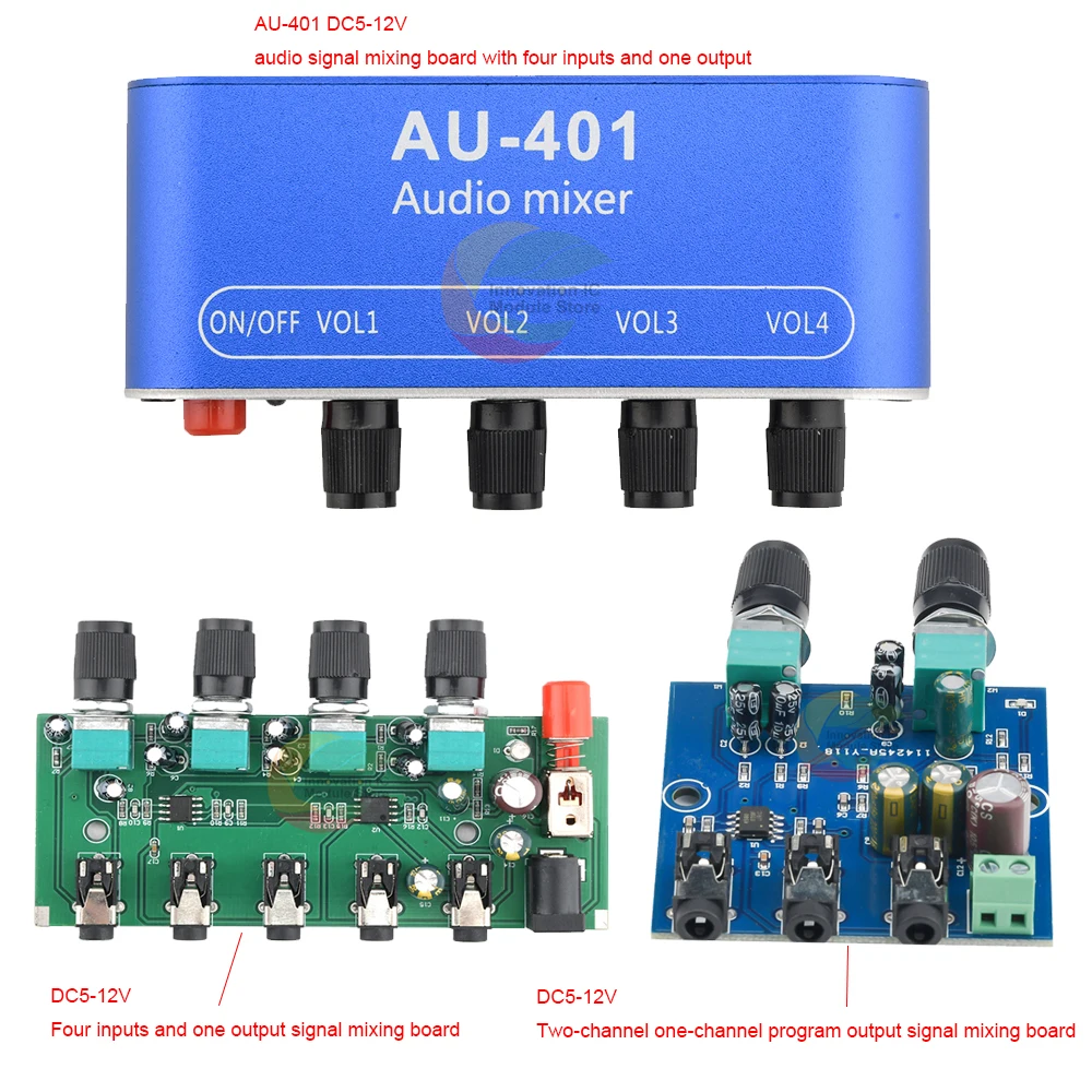 

AU-401 DC5-12V two-channel four-channel input mono stereo output audio signal mixing board control board DIY speaker amplifier