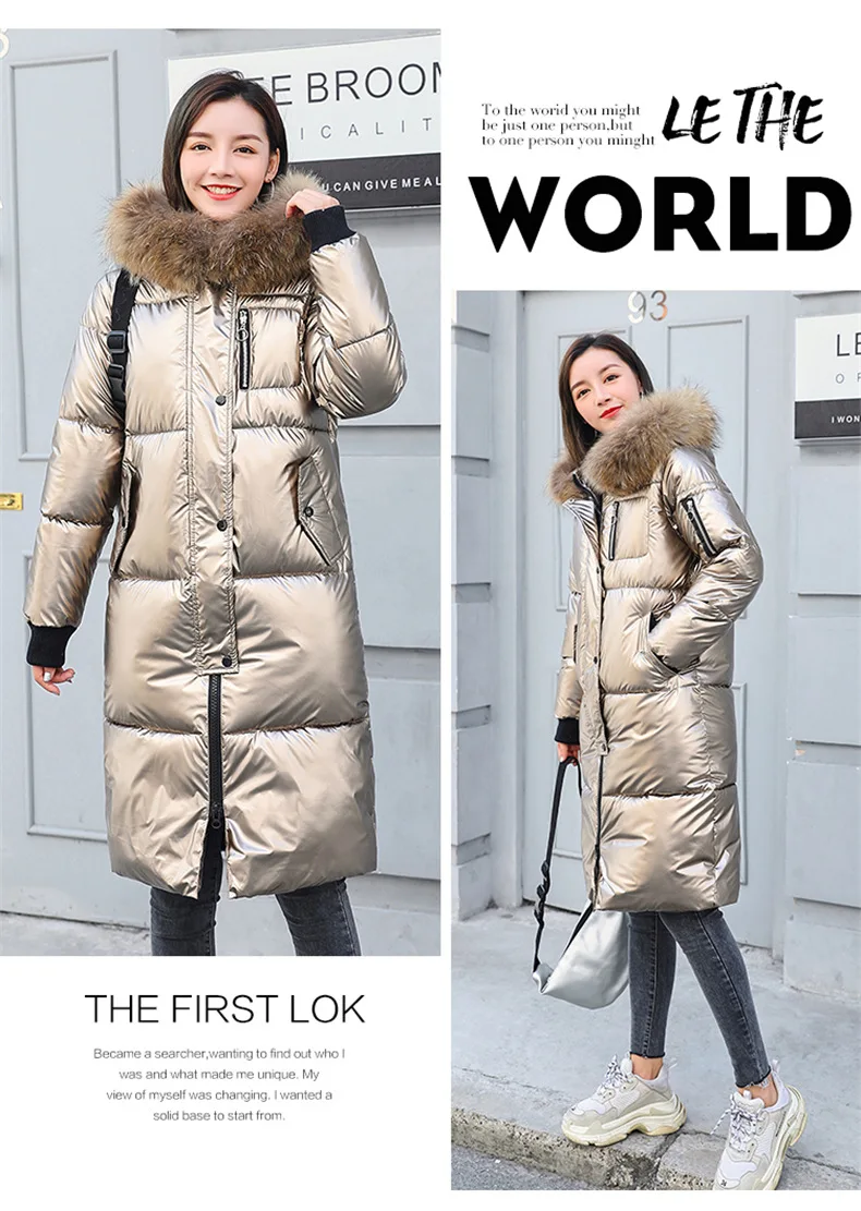Глянцевая Новинка, Зимняя женская куртка, теплая, утолщенная, с капюшоном, с мехом, длинное пальто, блестящая ткань, стильная женская парка, пальто