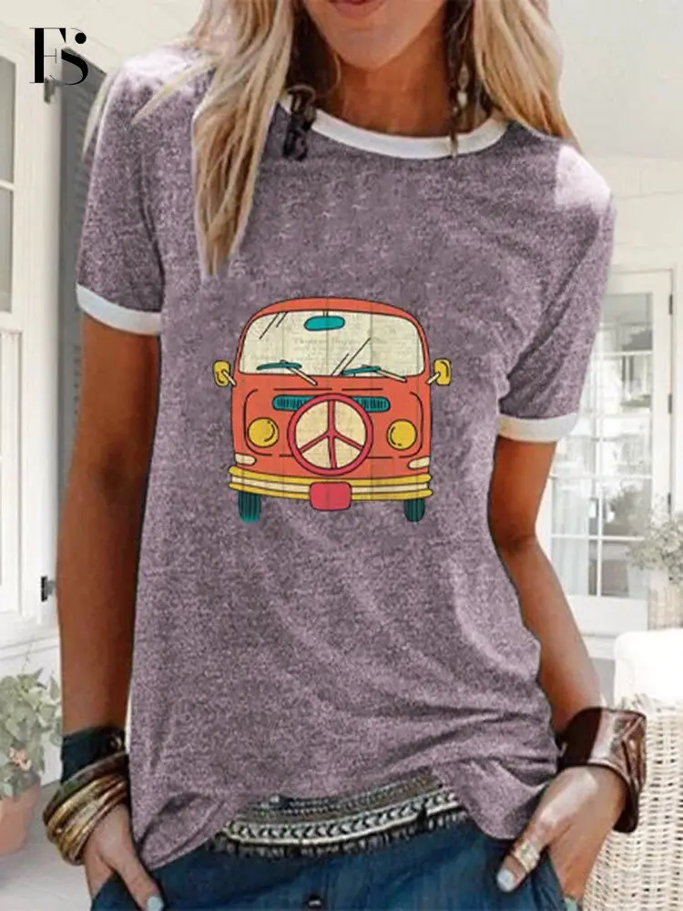 

Female Casual O-neck Bus Print Solid Color Women T-shirt Hot Sale Plus Size Short Sleeve Cotton Loose Tops