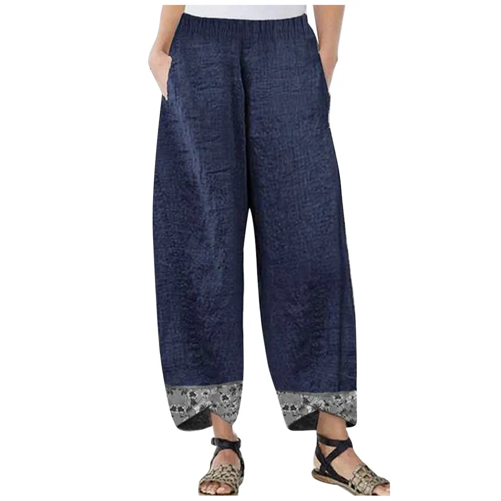 

Traf Pantalones De Mujer Pants Women Casual Cotton Linen Print Irregular Elastic Waist Loose Wide Leg Pants