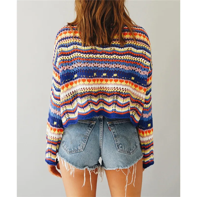 

New Fashion Vintage Striped Printed Sweater Women Autumn Winter Thin Hollow Loose Round Neck Pullover Sweaters Female LR1656