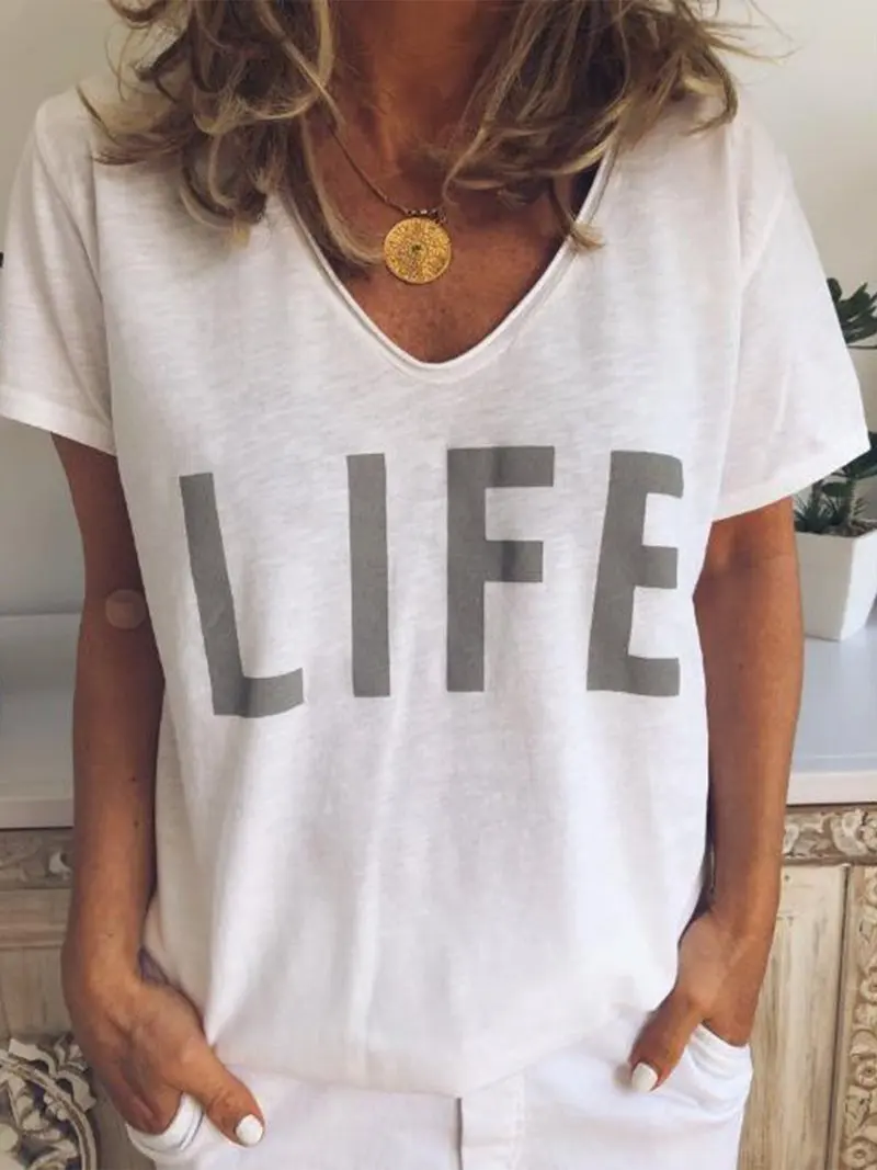 

Women's V-neck Lettered Printing Short Sleeved T-shirt Casual Loose Tops