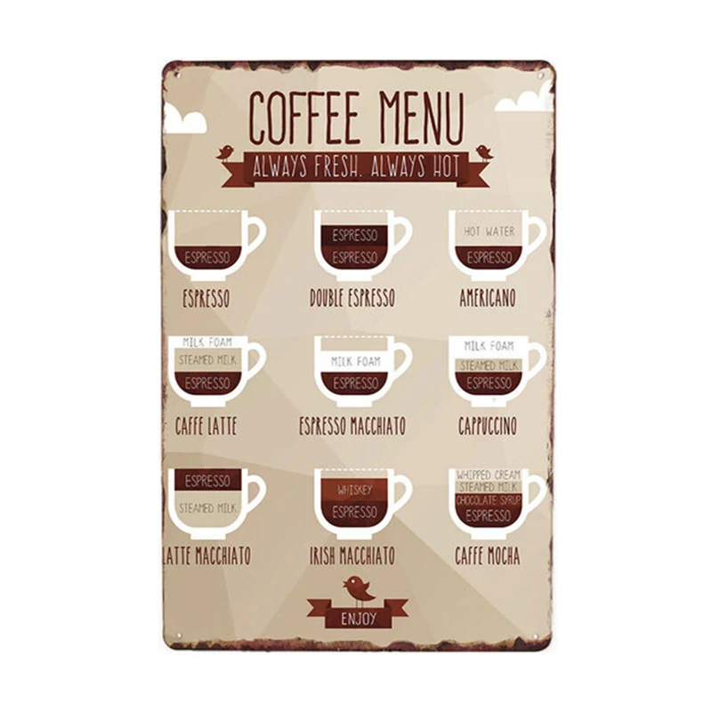 

Coffee menu cafe tin sign vintage metal plate painting retro iron picture