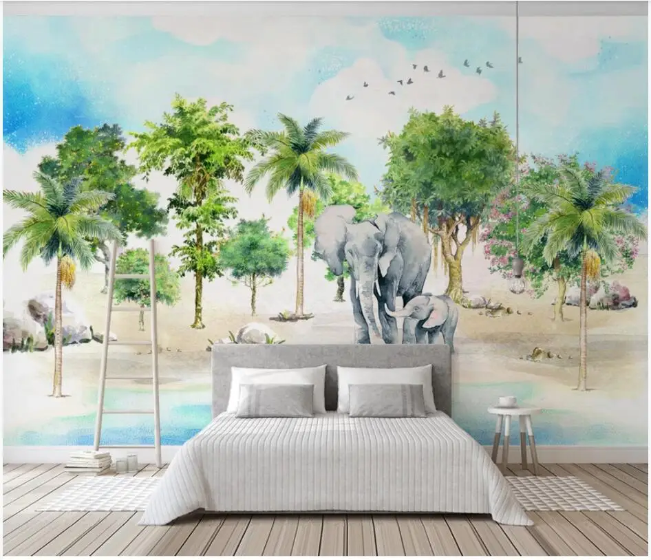 

3d wallpaper custom photo Hand drawn tropical forest elephant home decor living room 3d wall murals wallpaper for walls 3 d