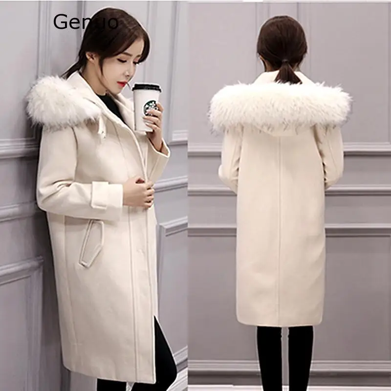 Пальто с воротником из искусственного меха женская шерстяная куртка капюшоном