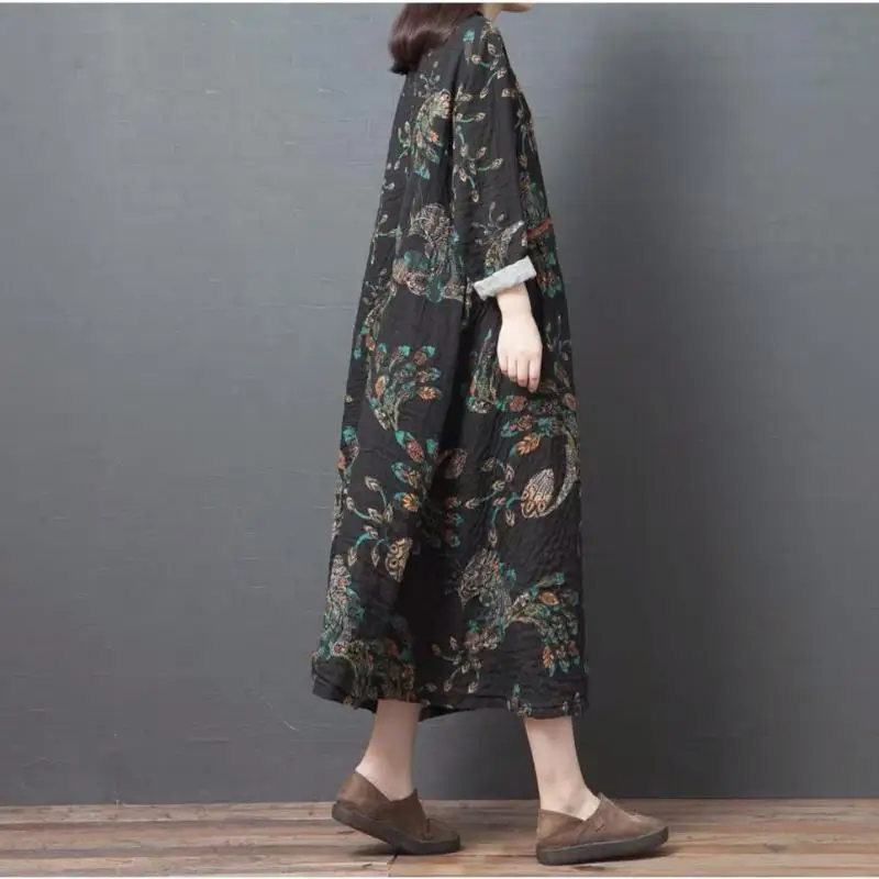 Женское платье в стиле ретро Johnature свободное с длинными рукавами и круглым