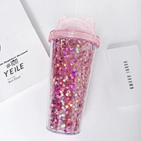 420ml cat ear water bottle with sequins double wall plastic tumbler with straw reusable smoothie cup drinkware