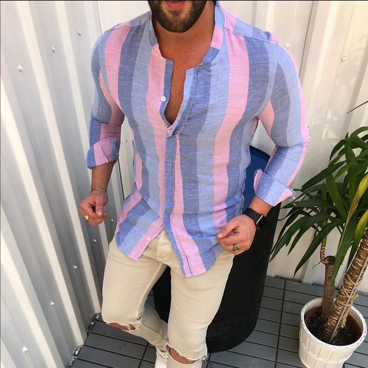 

2020 New Long Sleeve Shirt Men Clothes Casual Slim Fit Stripes Shirts Mens Tops Fashion Spring Autumn Shirt Camisa Masculina