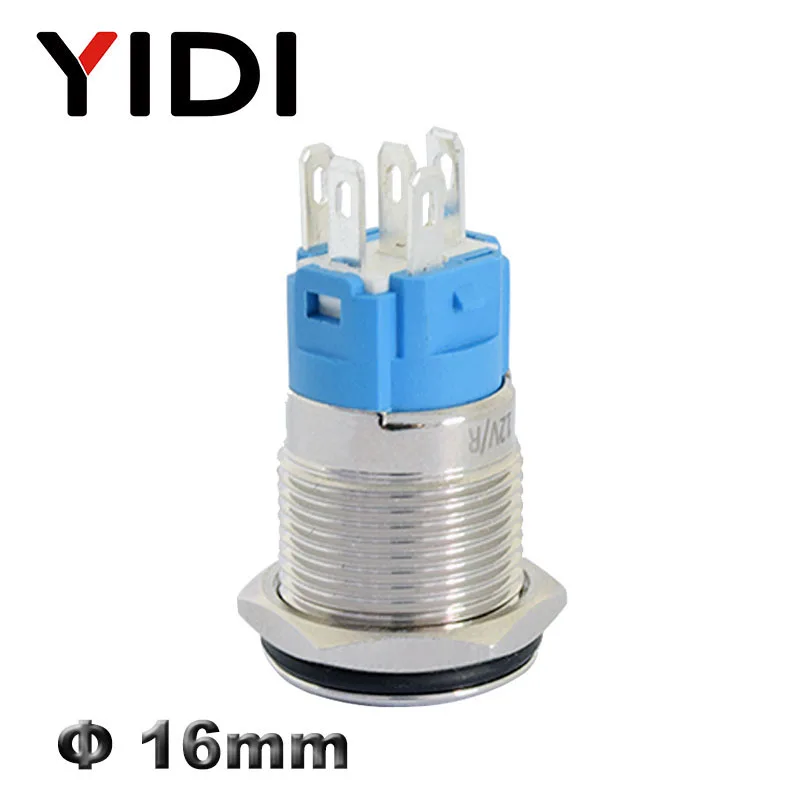 16mm LED Illuminated Flat Metal Push Button Switch on Off Latching 1NO1NC Momentary 12V 220V Red Green Blue Amber Led Switch