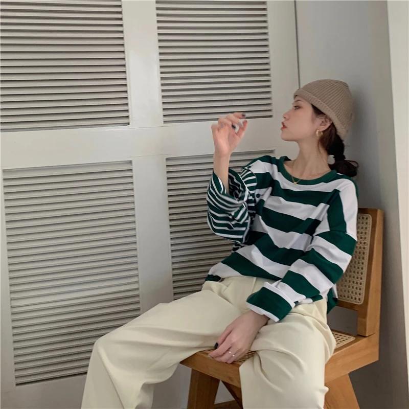 

New Woman Tshirts Casual Asymmetric Striped Ladies Tops Loose Tees Korean Style Autumn Tees Fashion Brand Ins Hipster Oversize