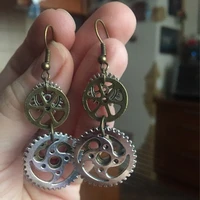 vintage mechanical gear drop earrings two tone double layer hallow out dangle earrings for women steampunk gothic party jewelry
