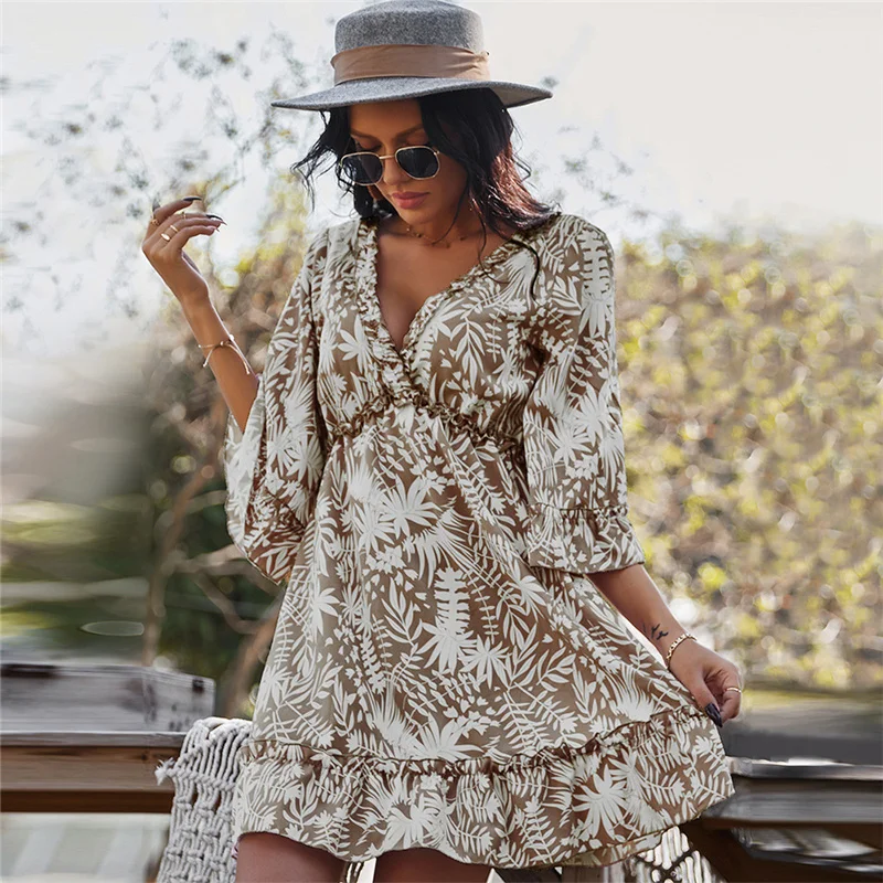 

Summer Dress Women V-Neck Print Beach Short Dress Boho A-Line High Waist Pink Ruffles Casual Mini Dress Plus Size 2021