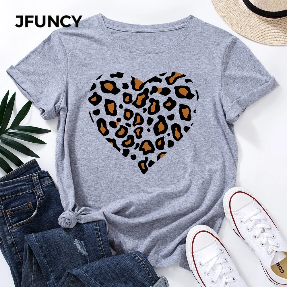 JFUNCY Oversized Women Cotton Tshirt Leopard Love Graphic Print Loose Tees Shirt Short Sleeve Woman T-shirt Summer Female Top
