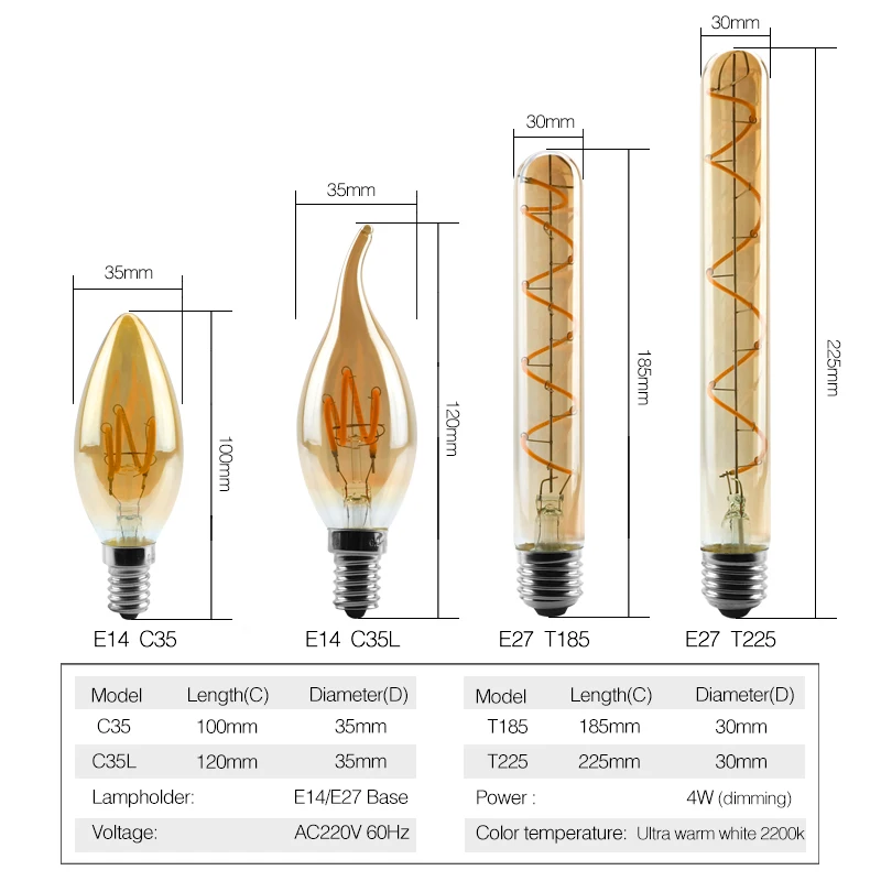 4pcs/lot E27 E14 LED Bulb 220V Vintage Spiral Filament Light C35 A60 T45 ST64 T185 T225 G80 G95 G125 4W Edison Lamp | Освещение