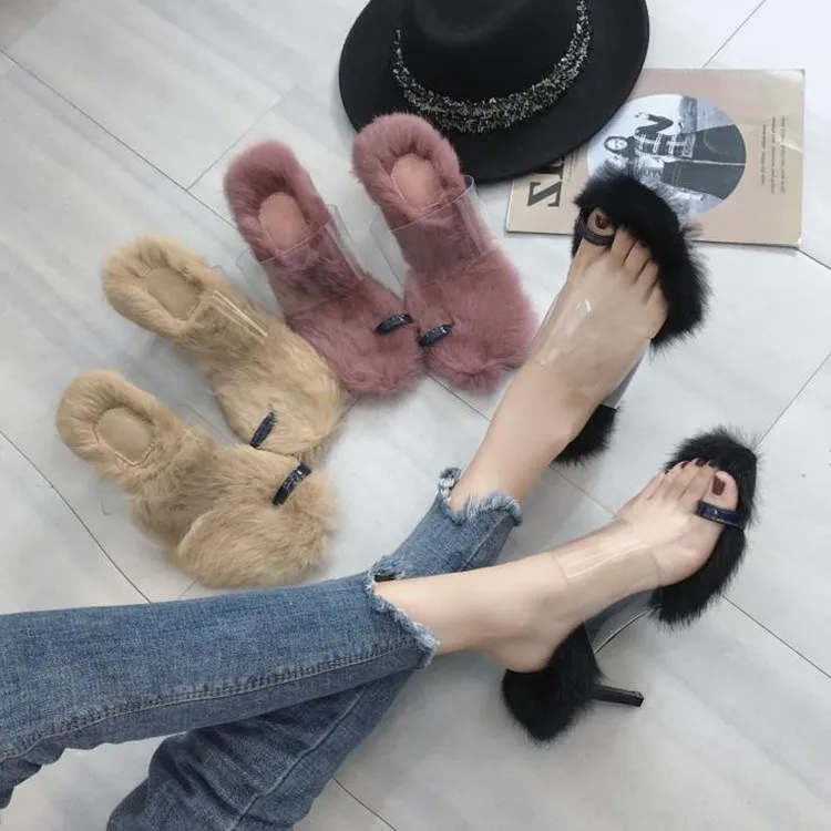 Новинка весна лето 2020 женские тапочки прозрачный комплект из кроличьего меха с