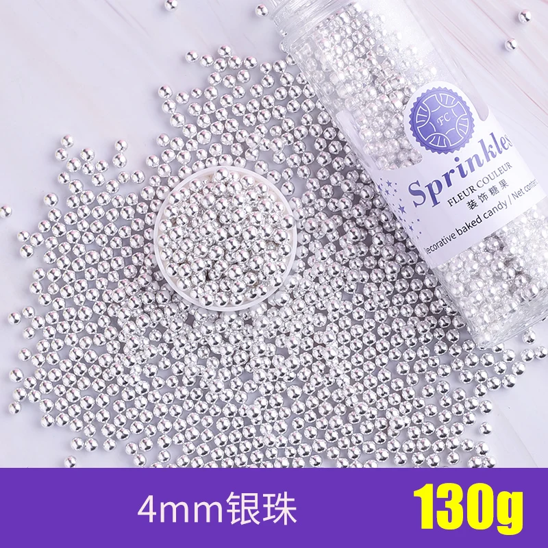4mm silver 130g Съедобные жемчуг Цветной Сахар Бусины помадный кекс своими руками выпечки льда крем-Шоколад для декорирования вестибюлей конфеты Мармеладные декорирование выпечки - Цвет: 4mm silver 130g