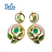 bolai2021 new 925 sterling silver natural green agate oval 68mm big earrings fresh leaf shape design suitable for party wear