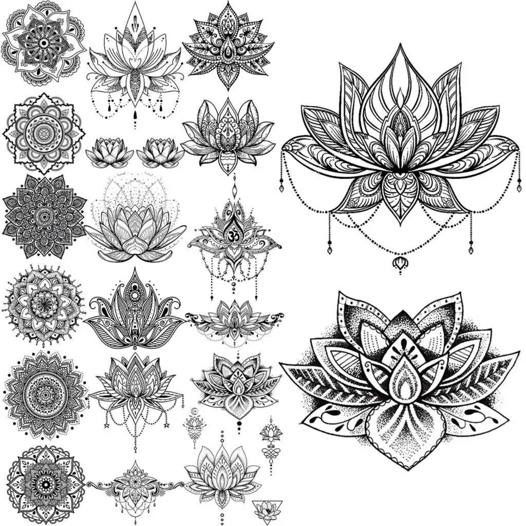 

Black Lotus Temporary Tattoos For Women Girls Realistic Mandala Pendant Fake Tattoo Sticker Arm Body Tatoos Body Art Waterproof