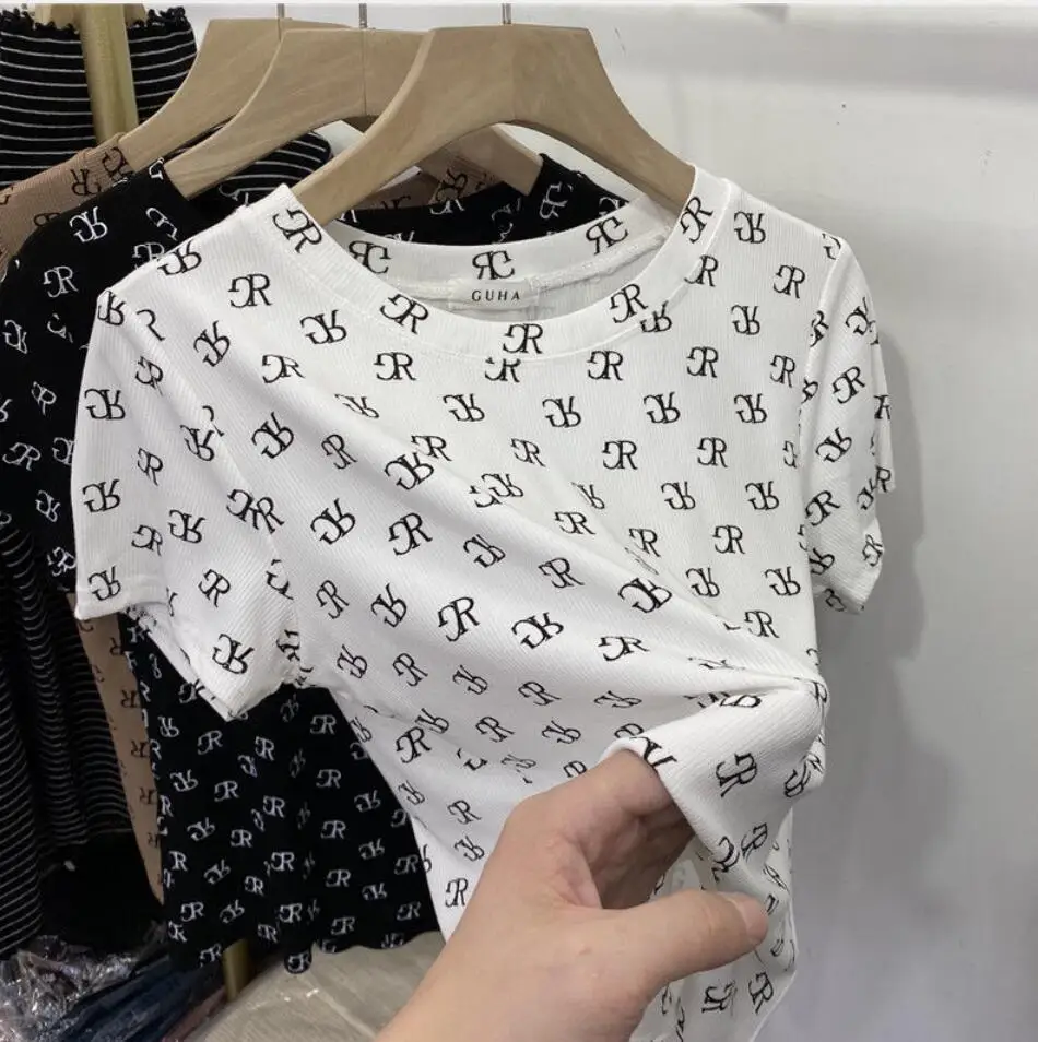 

2021 Summer Korean Version New Wild Thin Ladies Casual Retro Printing Short sleeve Short Slim Bottoming Tops S-XXL