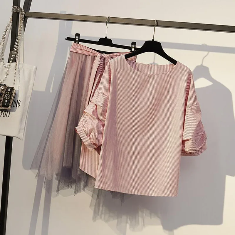 4XL Plus Size Women's Skirt Sets 2020 New Summer Casual Stripe Top &amp Chiffon Two Piece Set Lady Girl Elegant Suits |