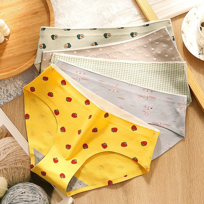 

Women's Cotton Underwear 100% Cotton Printed Cartoon Underwear Seamless Mid-waist Solid Color Breathable Ladies Briefs