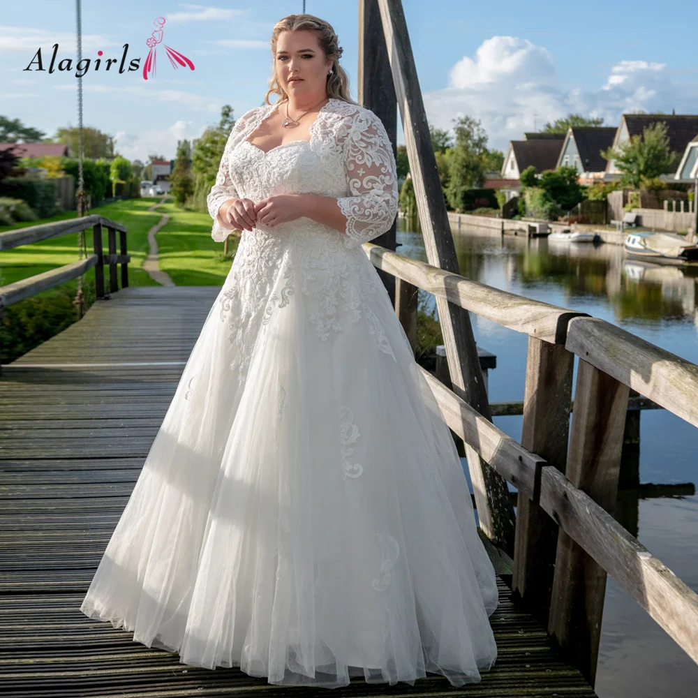 

Alagirls Modest Plus Size Wedding Dress with Wrap Sweetheart Neckline Appliqued A-line Bridal Gown with Lace-up Back vestidos