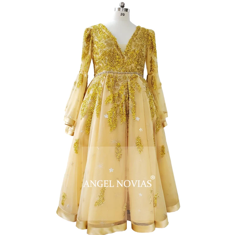 

Angel Novias Real Picture Long Sleeves Plus Size Gold Arabic Abendkleider Evening Dress 2020 Beads Lace Vestidos De Noche