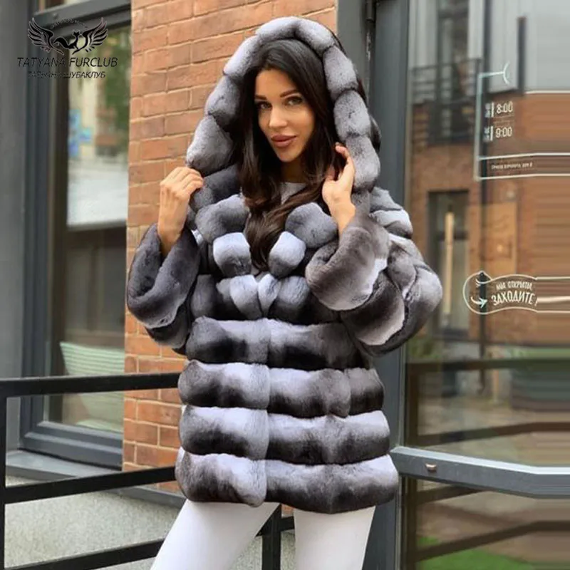 

Real Rex Rabbit Fur Coat With Hood Thick Warm Overcoat Winter Woman Chinchilla Color Whole Skin Genuine Rabbit Fur Jackets 2021