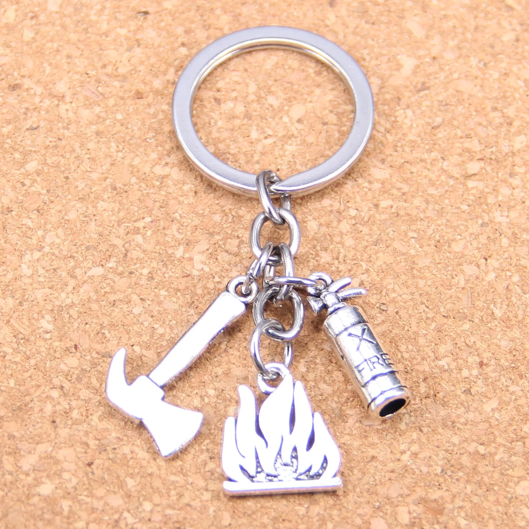 

20pcs New Fashion DIY Keychain flames fire extinguisher fireman axe Pendants Men Jewelry Car Key Chain Souvenir For Gift