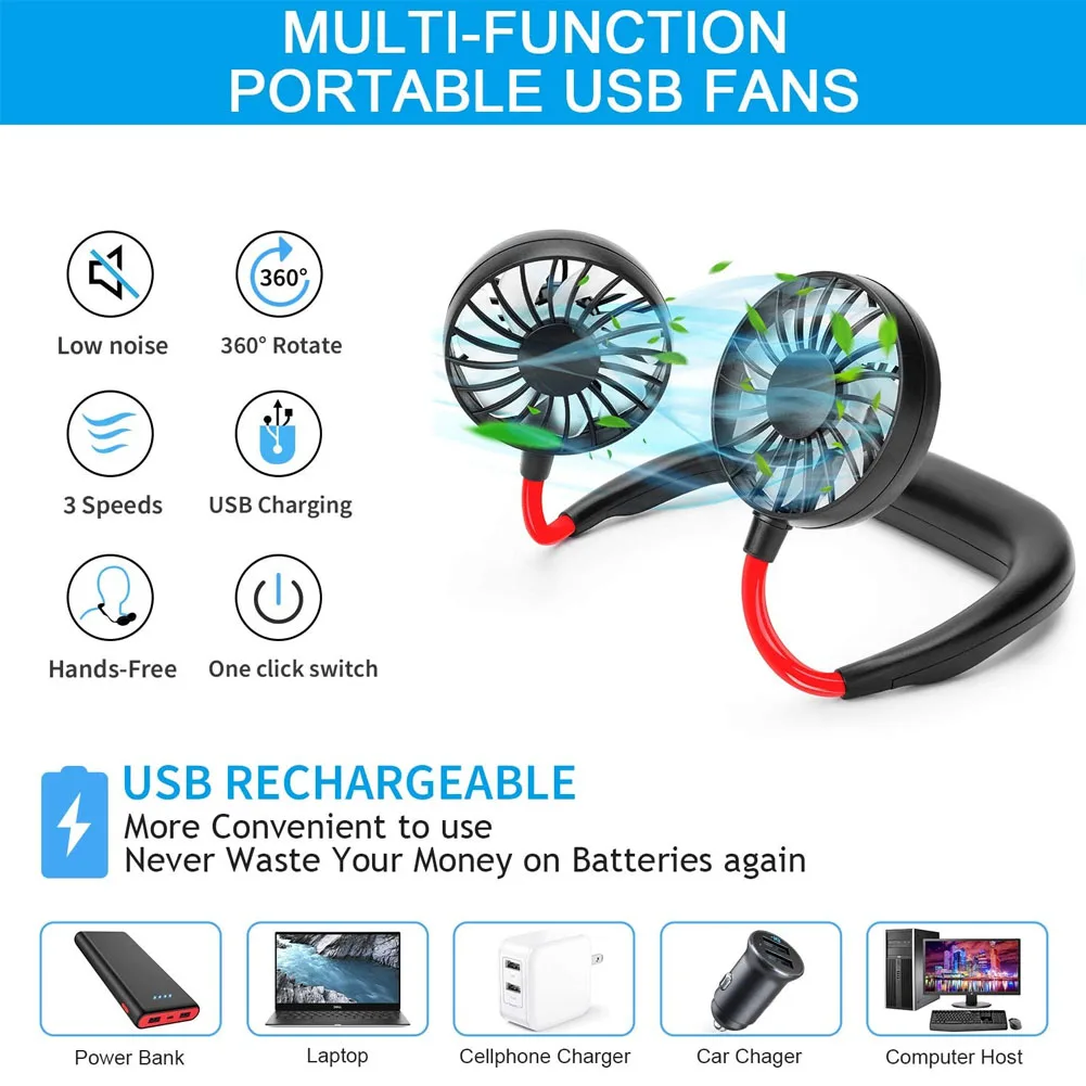 

Mini Portable Fan Hanging USB Hands-Free Neck Band Rechargeable Dual Mini Fan Desk Hand Air Conditioner Cooler Home Office
