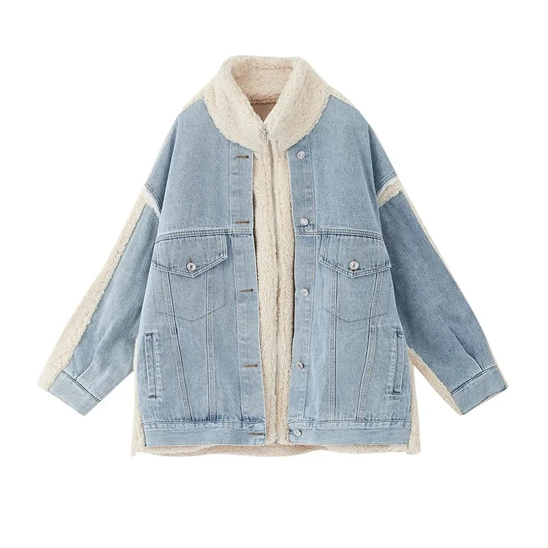 Женская джинсовая куртка из овечьей шерсти в стиле пэчворк повседневное плотное