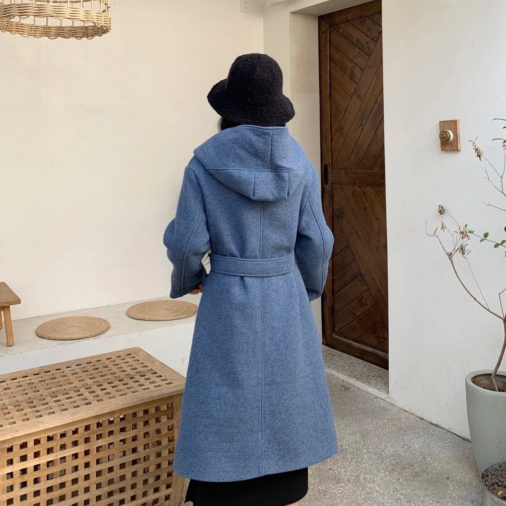 Осень Зима размера плюс женское Шерстяное Пальто с капюшоном модное приталенное