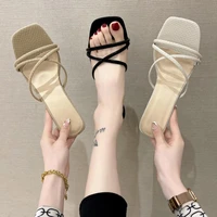 2021 new summer cool thin strip high heeled thick heel transparent heel square head womens sandals and slippers