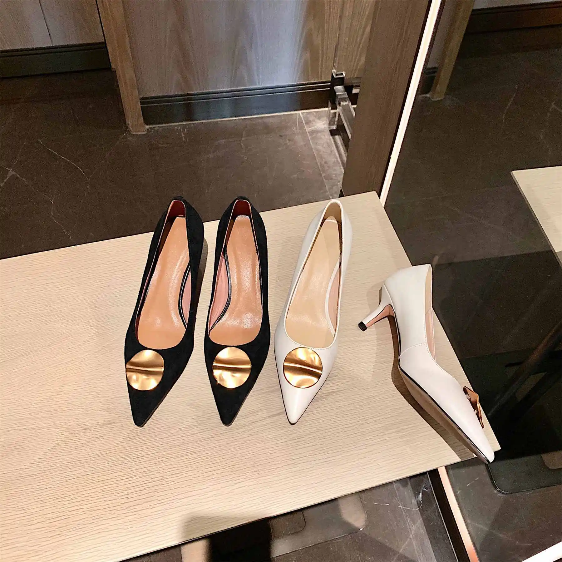 

Krazing Pot korean girls full grain leather metal decorations streetwear pointed toe thin high heel slip on soft women pumps L20