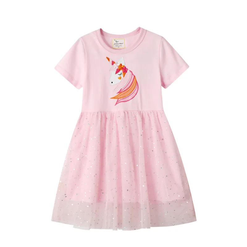 

Girls short-sleeved dress lace mesh hem cotton cartoon unicorn embroidered princess summer dress 6917