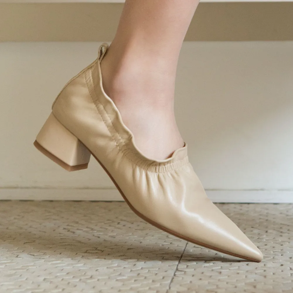 

Women's genuine leather elastic slip-on pumps med heel comfortable thick heel female comfortable OL style pleated fashion shoes
