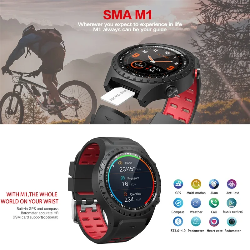 Torntisc Полный Круглый экран 1,3 дюймов M1 Смарт часы gps Android компас с Bluetooth барометр дисплей погоды спортивные умные часы для мужчин