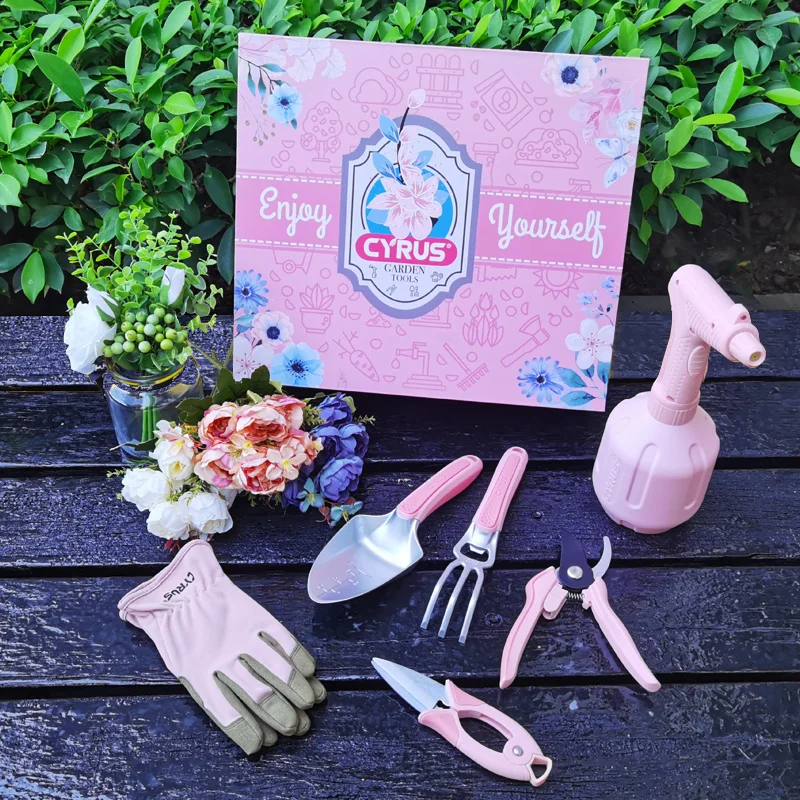 CYRUS Garden Tools Set Gardening Gloves Electric Sprayer 1L Trowel Shovel Hand 6Pcs Floral Pink Women Gift Bonsai Florist |
