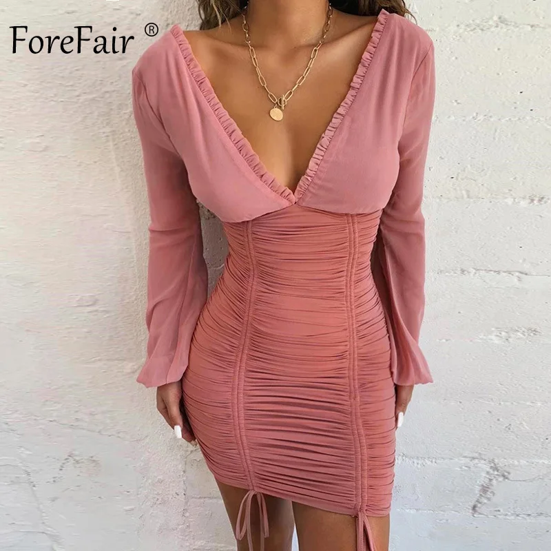 Женское мини-платье с рюшами Forefair розовое и черное шифоновое Бандажное платье