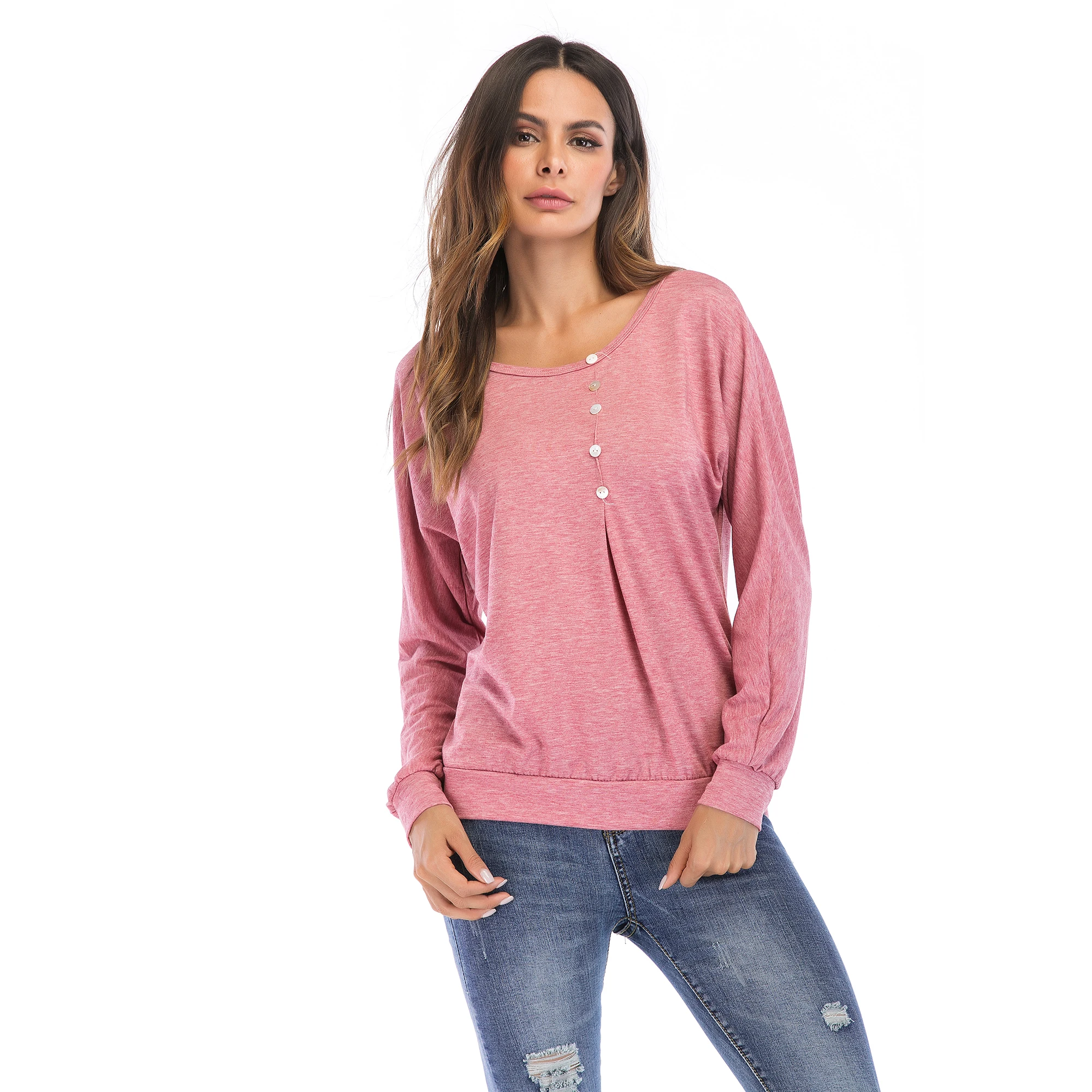 

Autumn Womens Tops Round Neck Button Black Long Sleeve Shirt Camisa Feminina Cotton Casual Loose Femme T-Shirt