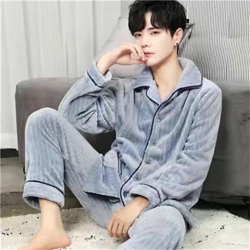 Coral Fleece Pajama Sets Men Thick Warm Flannel Winter Pyjamas Sets Long Sleeve Nightwear Casual Loose Sleepwear