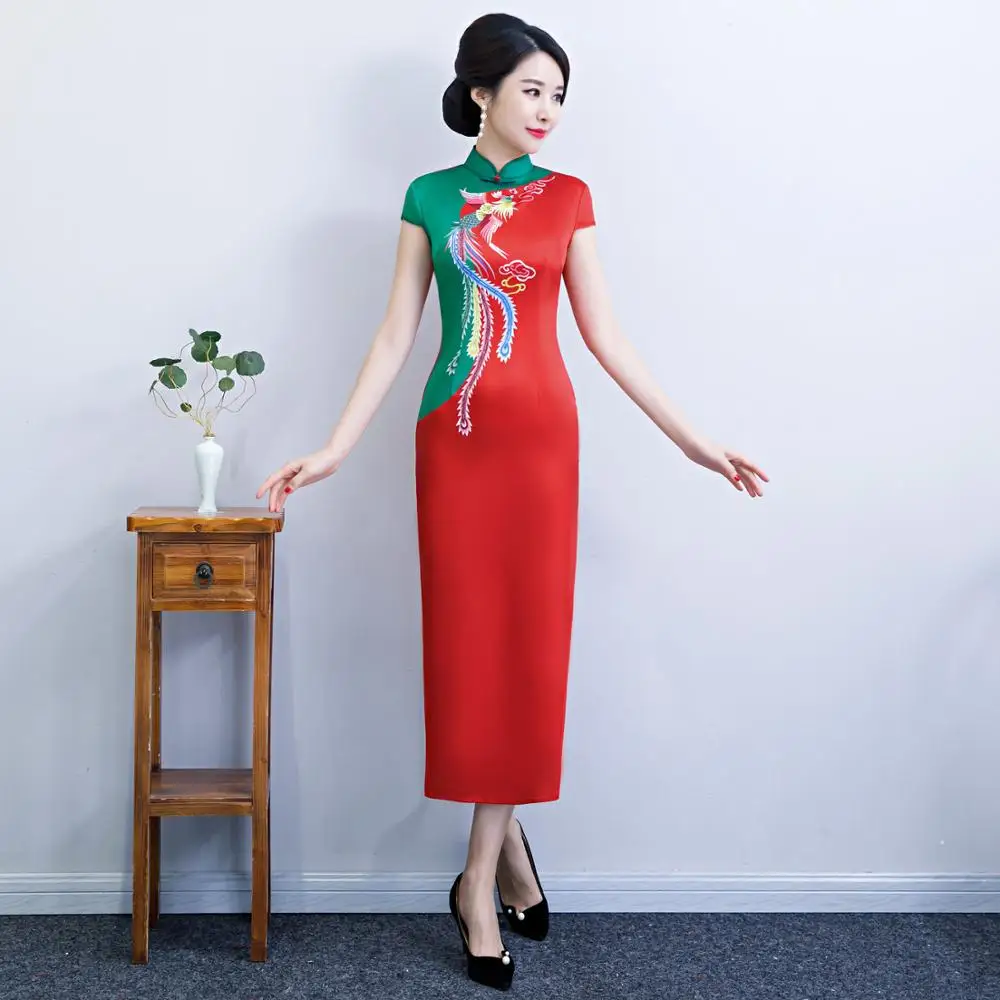 

Chinese Traditional Dress Women Satin Qipao print Phoenix Long Cheongsam Plus Size M L XL XXL XXXL 4XL 5XL 6XL