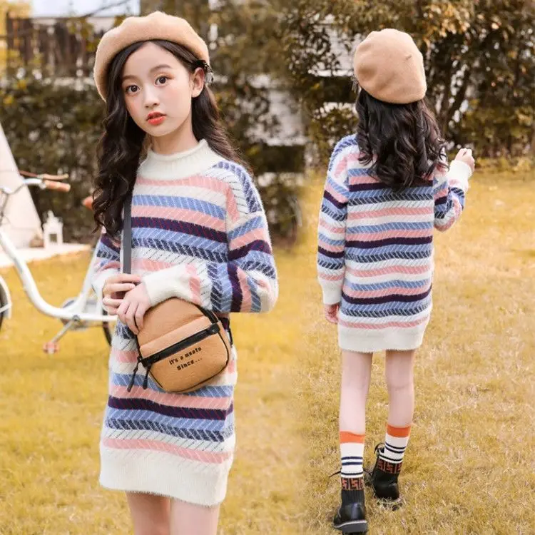 

New 2020 Autumn Winter Children Sweater Toddler Kids Baby Girl Striped Long Sleeve Tutleneck Slim Knitted Sweater Dresses W830