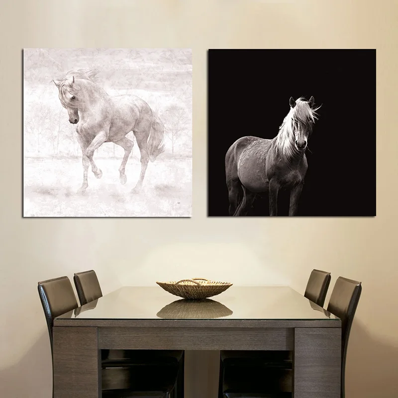 Белая и черная живопись на холсте с изображением лошади домашний декор для