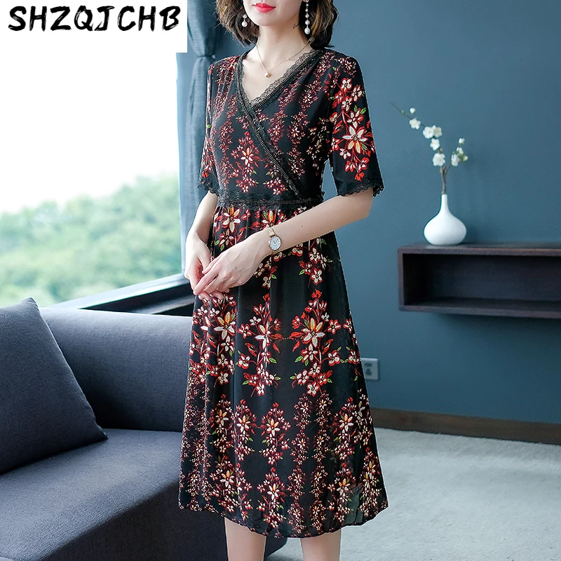 

JCHB 2021 AYUSNUE Summer Dress Women Elegant V Neck Floral Dress Plus Size Ladies Dresses Midi Flower Vestidos De Verano KJ2704