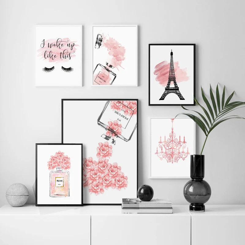 

Pink Flower Perfume Fashion Poster Eyelash Lips Makeup Print Canvas Art Painting Wall Picture Modern Girl Room Home Decoration