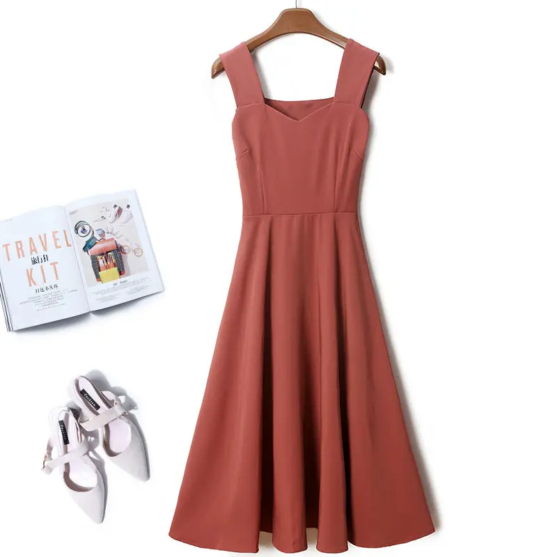 

Summer Women Sling Dress Slim Waist Vintage Temperament Solid Color Plus Size Dress Female
