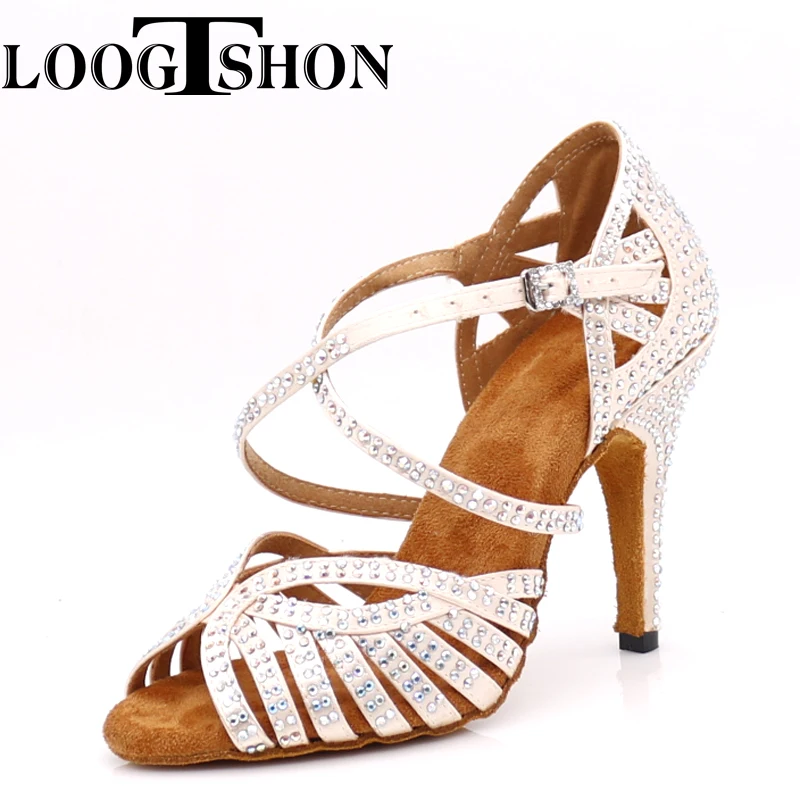 Loogtshon  Latin dance shoes women dancing shoes classic rhinestone shoes roman heel cone heel dance shoes professional heels